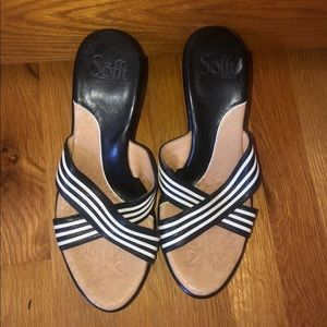 Black and white striped sandal heels
